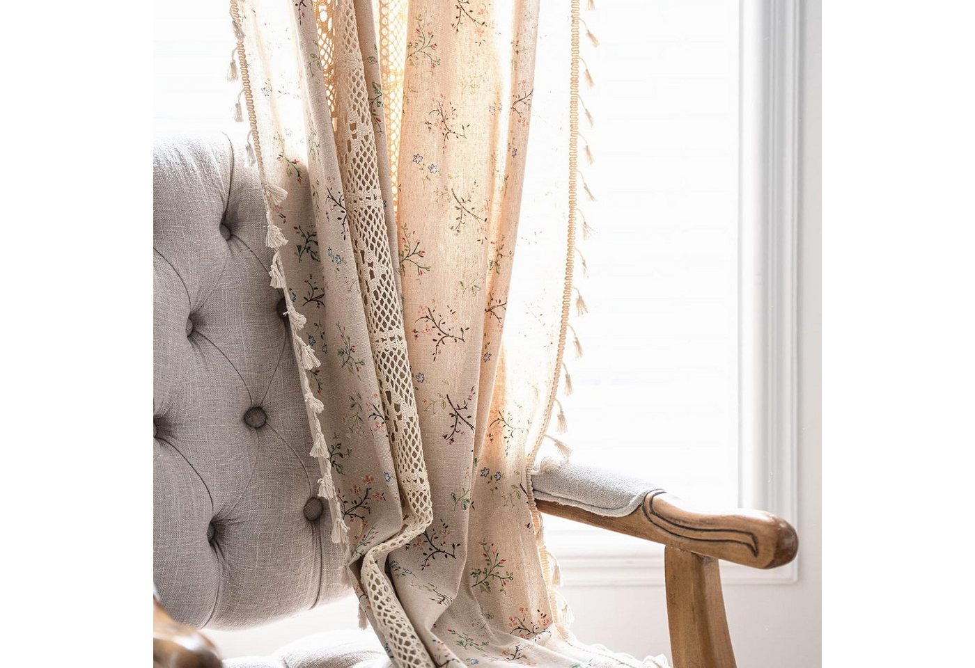 Zyronn Vorhang Blumenmuster Vorhänge, Vintage Fransen Vorhänge, Boho Stil Dekor Vorhänge – Bild 4 von 5