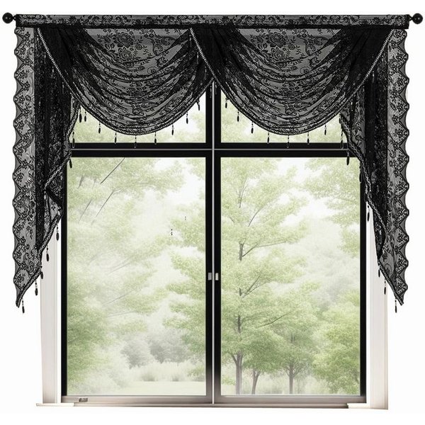 Zyronn Vorhang Halbtransparente Spitzen-Fensterdekoration mit Perlenquasten, Blumenmuster bestickter Voile-Vorhang für Wohnzimmer und Schlafzimmer