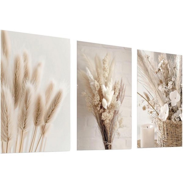 Zyronn Wandbild Boho Pampasgras, Beige Leinwandbild mit Blumenmotiv, (3 St), Moderne Wanddekoration für Wohnzimmer Schlafzimmer